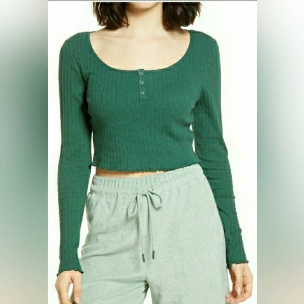 NWT Bp Womens Green Trekking Long Sleeve Knitted Henley Crop Top Size XS